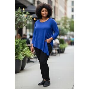 Chicos 3 Travelers Asymmetrical Top Women's Tunic Cobalt Blue Tiered Slinky XL